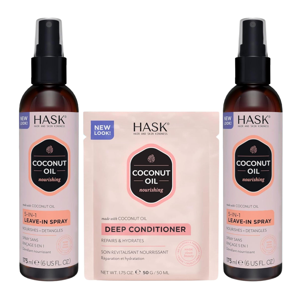 HASK front packaging of coconut leave-in duo showing bottles and benefits