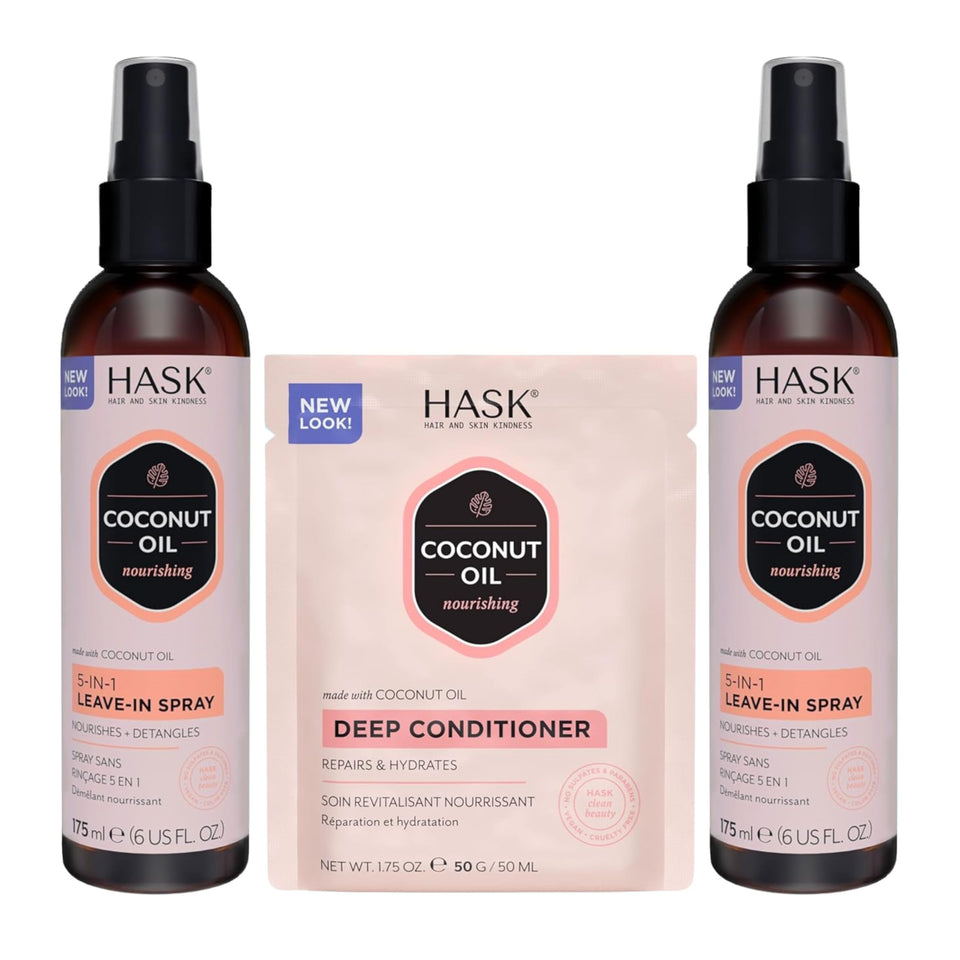 HASK front packaging of coconut leave-in duo showing bottles and benefits