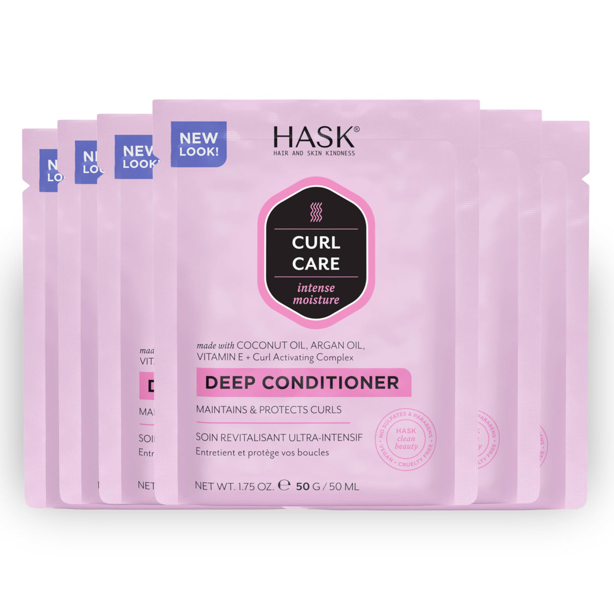 HASK front packaging showing six deep conditioner treatments, travel-ready hydration