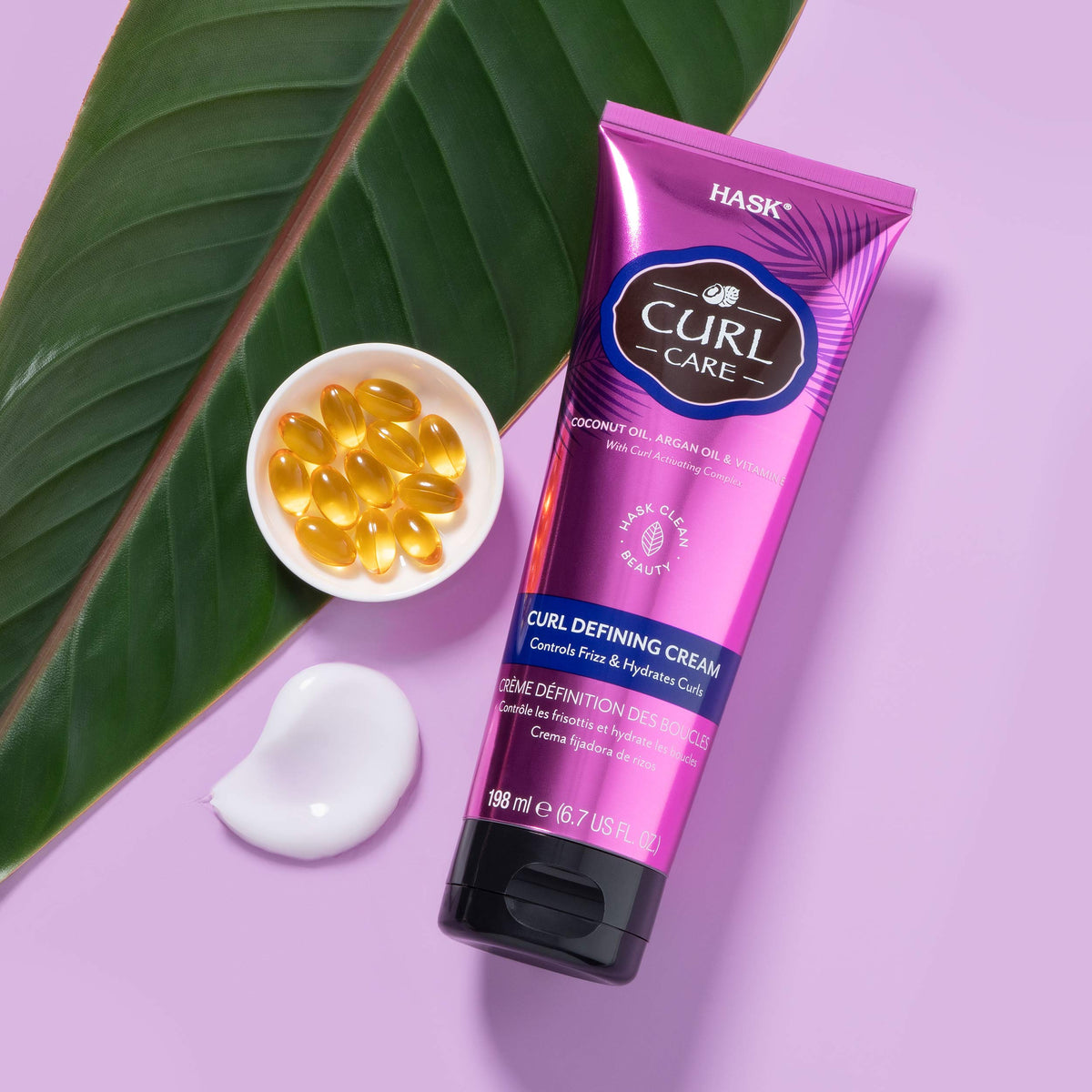 HASK displayed on bathroom shelf signaling a clean, tropical curl routine