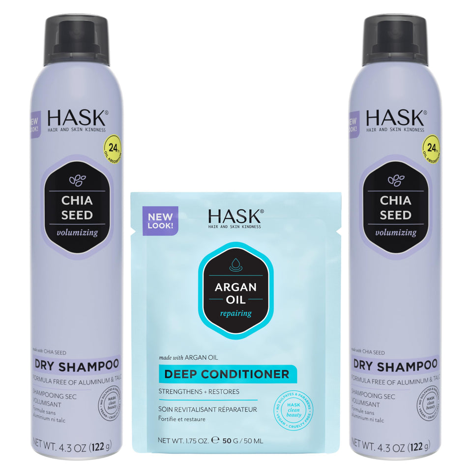 HASK dry shampoo front packaging showing volumizing benefit