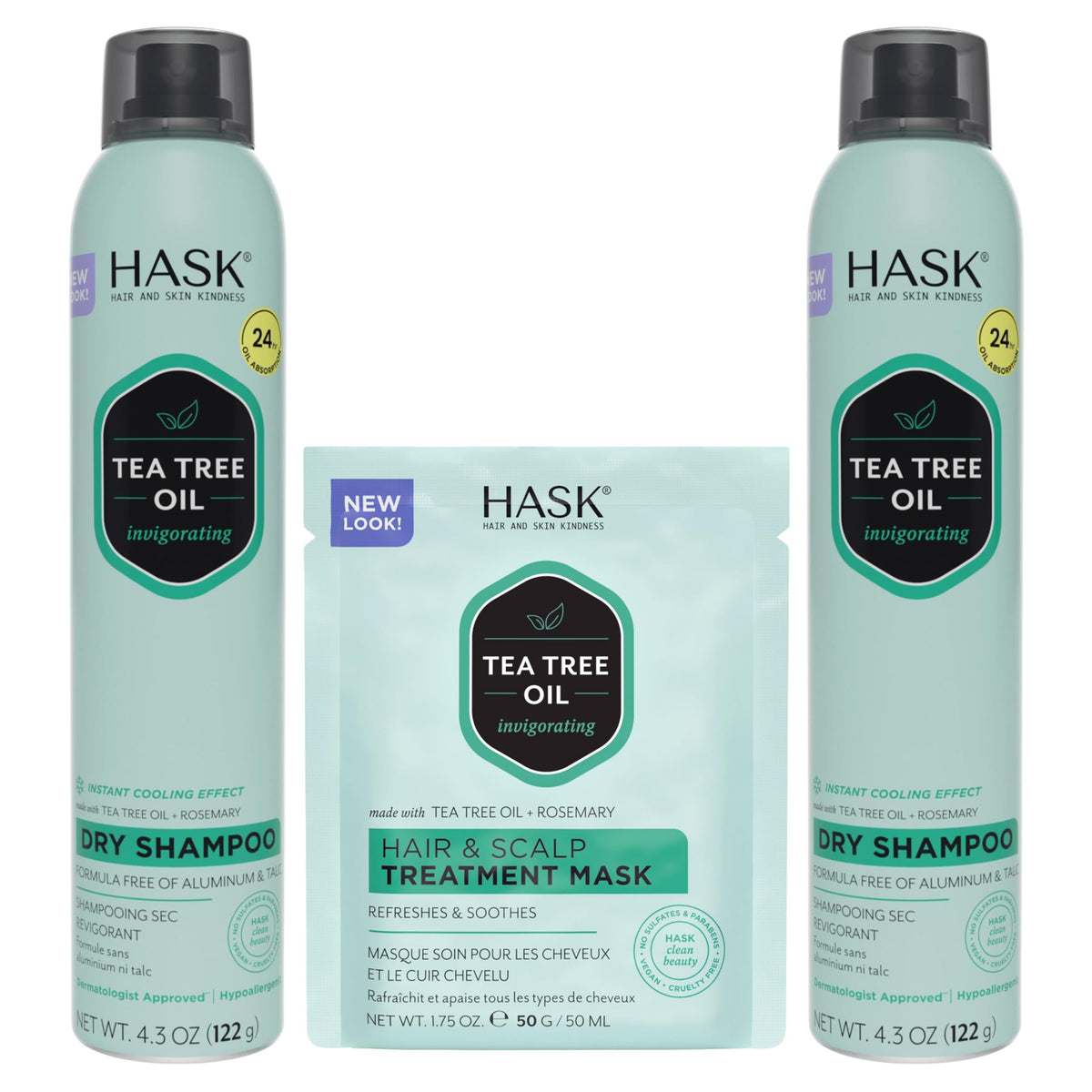 HASK front packaging showing the dry shampoo duo and conditioner packette for convenient refresh