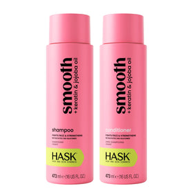 HASK front packaging showing duo bottles and smoothing benefits