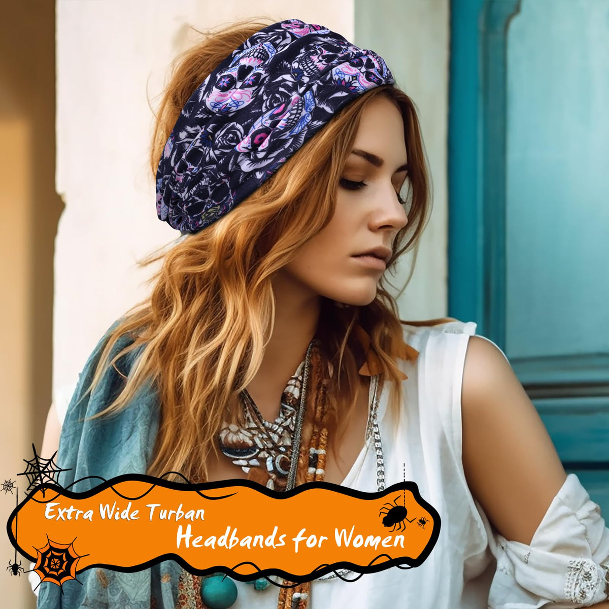 HAUHC headband worn by woman with bat design demonstrating comfortable fit and instant Halloween-ready style