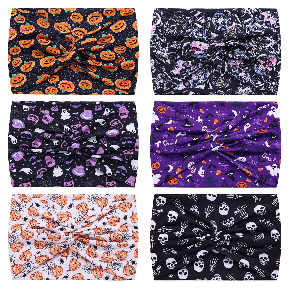 HAUHC front view of six Halloween headbands showing assorted spooky prints and vibrant colors for seasonal styling