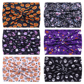 HAUHC front view of six Halloween headbands showing assorted spooky prints and vibrant colors for seasonal styling