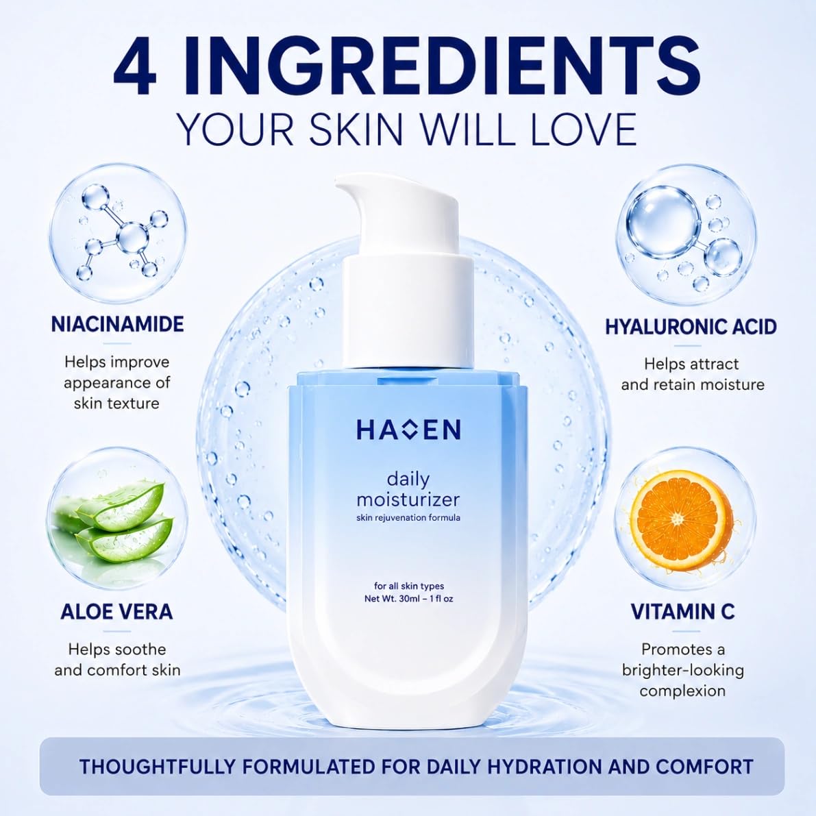 HAVEN SKIN key ingredients niacinamide hyaluronic acid vitamin C displayed