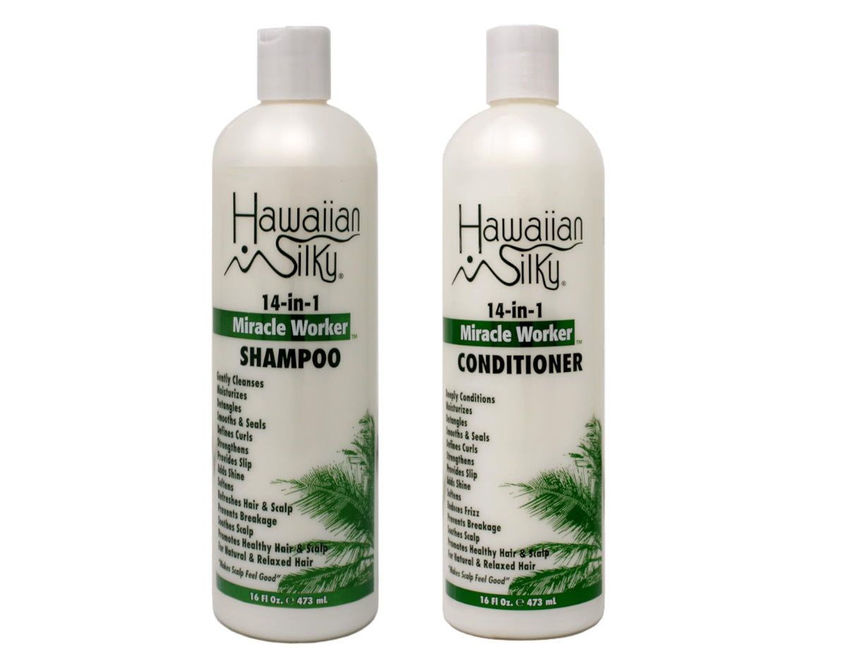 Hawaiian Silky front packaging bundle showing both 16 fl oz bottles and benefits