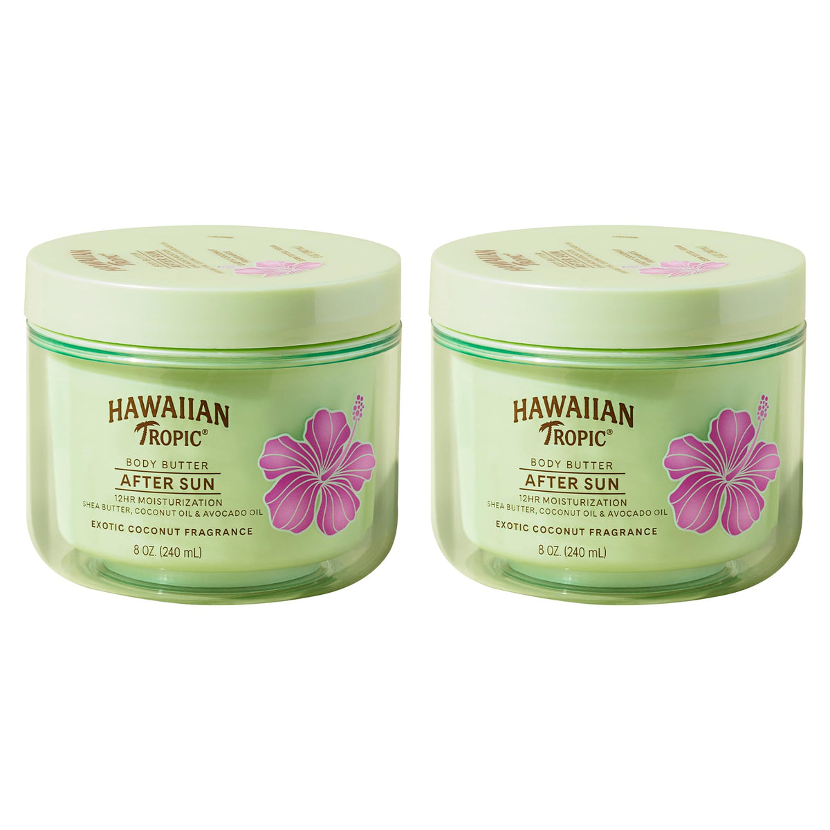Hawaiian Tropic front packaging showing twin 8oz jars and product name, highlighting value