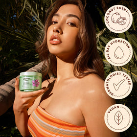 Person applying Hawaiian Tropic to sun-exposed shoulder to soothe and soften skin