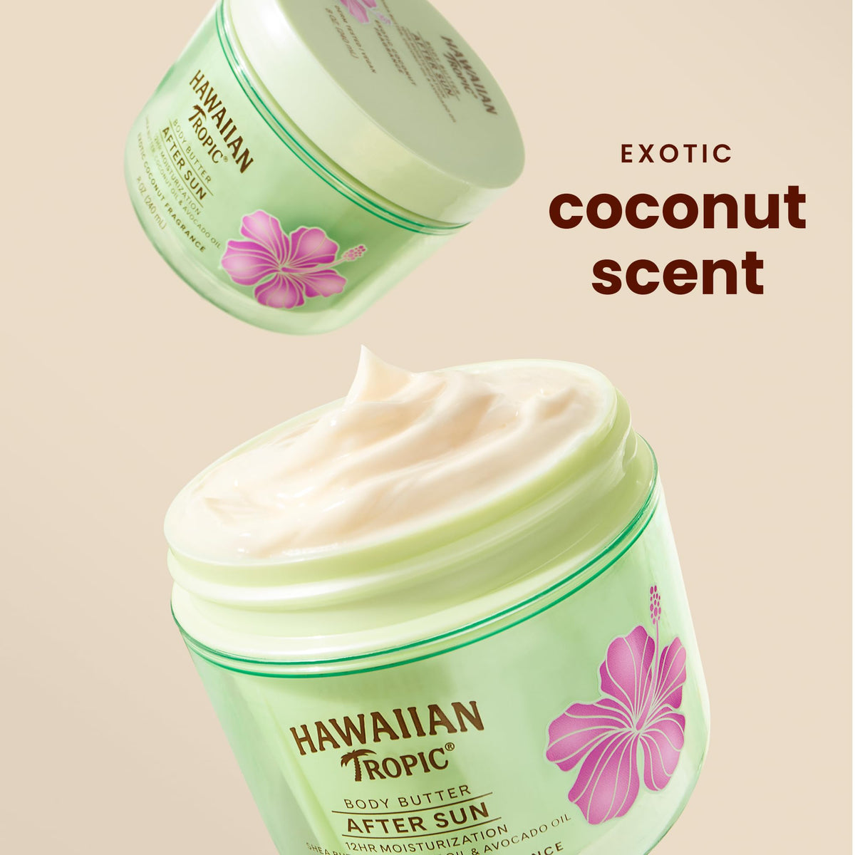 Hawaiian Tropic open jar showing creamy body butter texture for intense hydration