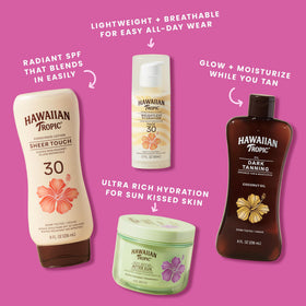 Hawaiian Tropic jar held in hand for size comparison, showing travel-friendly 8oz benefit