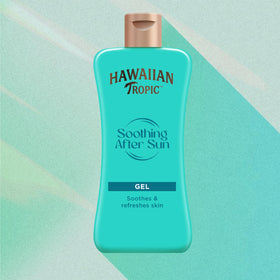 Hawaiian Tropic gel poured on hand showing quick-absorbing relief