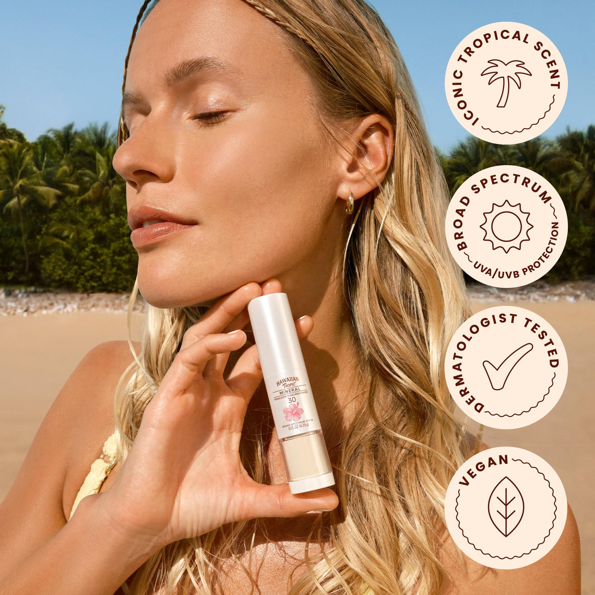 Hawaiian Tropic applying powder over makeup on cheek for setting makeup and protection benefit