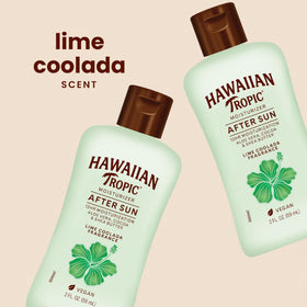 Hawaiian Tropic bottle beside sunglasses to show mini 2 fl oz size and portability