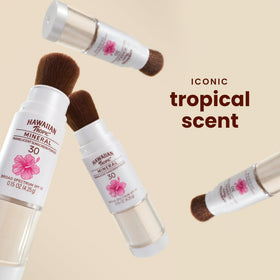 Hawaiian Tropic close-up of brush head and mineral powder for smooth application benefit
