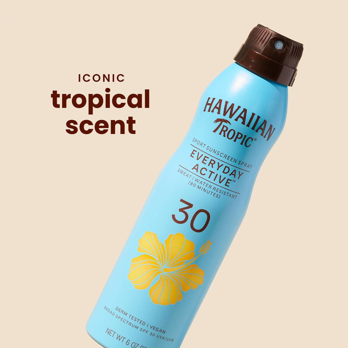 Hawaiian Tropic nozzle and twist-lock detail for leak-proof, travel-friendly use