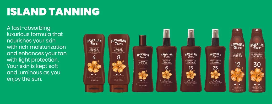 Hawaiian Tropic bottle beside hand showing 6.7oz size and scale