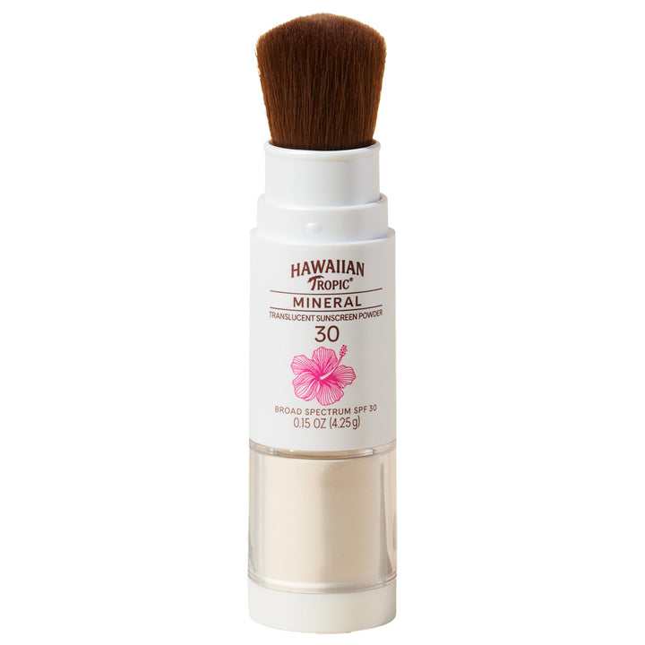 Hawaiian Tropic front packaging showing travel brush SPF 30 and portability benefit