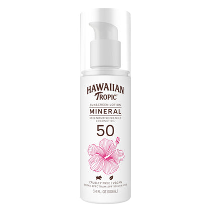 Hawaiian Tropic front packaging showing SPF 50 and travel size benefits