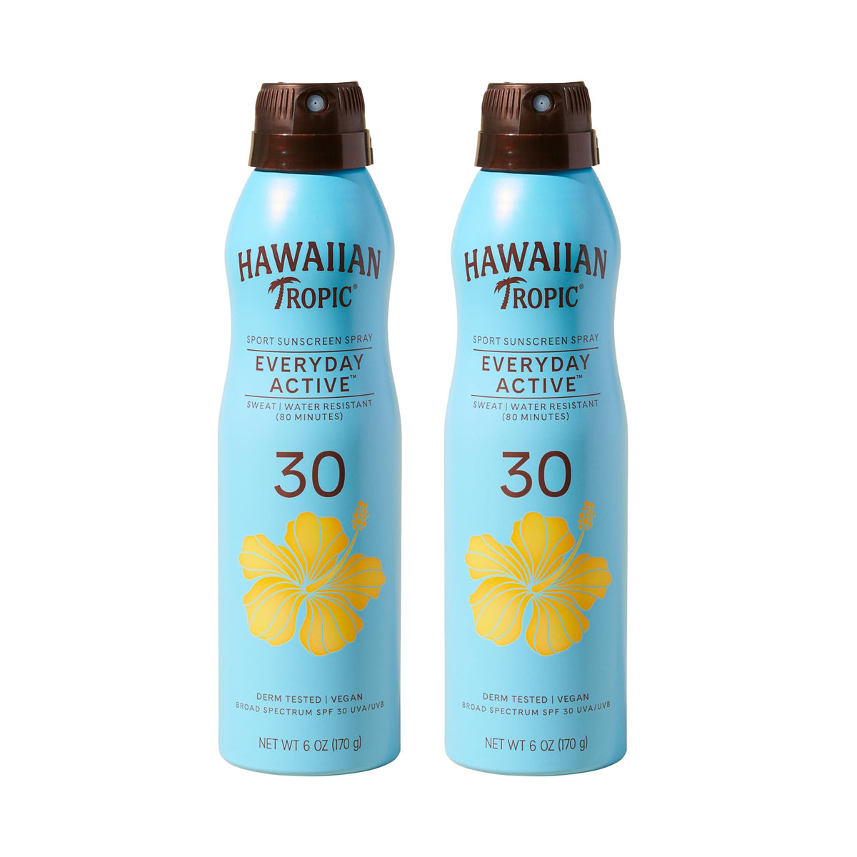 Hawaiian Tropic front packaging shows twin 6oz SPF 30 sprays for quick protection
