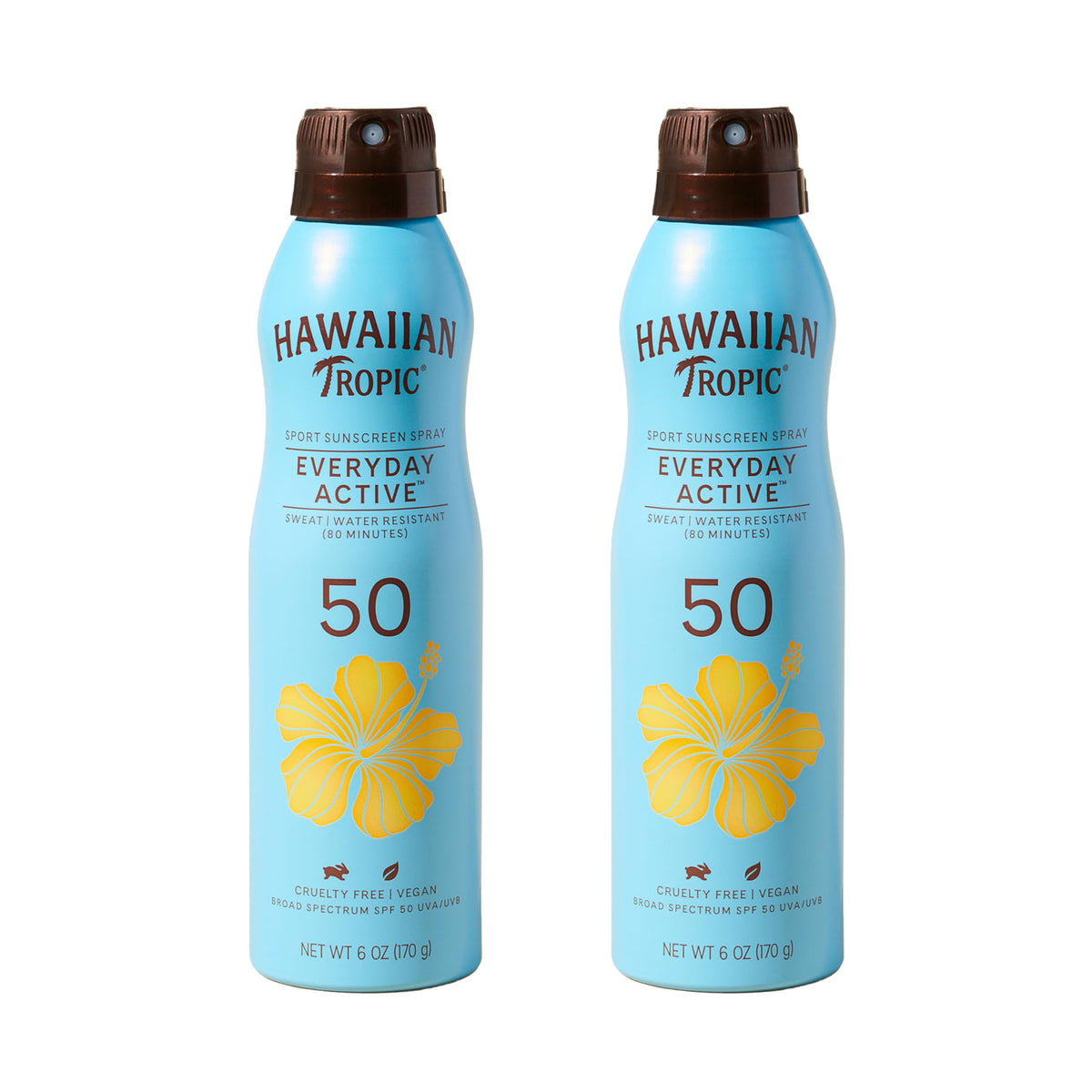 Hawaiian Tropic front packaging shows SPF 50 twin pack and benefits
