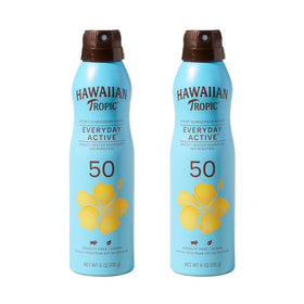 Hawaiian Tropic front packaging shows SPF 50 twin pack and benefits