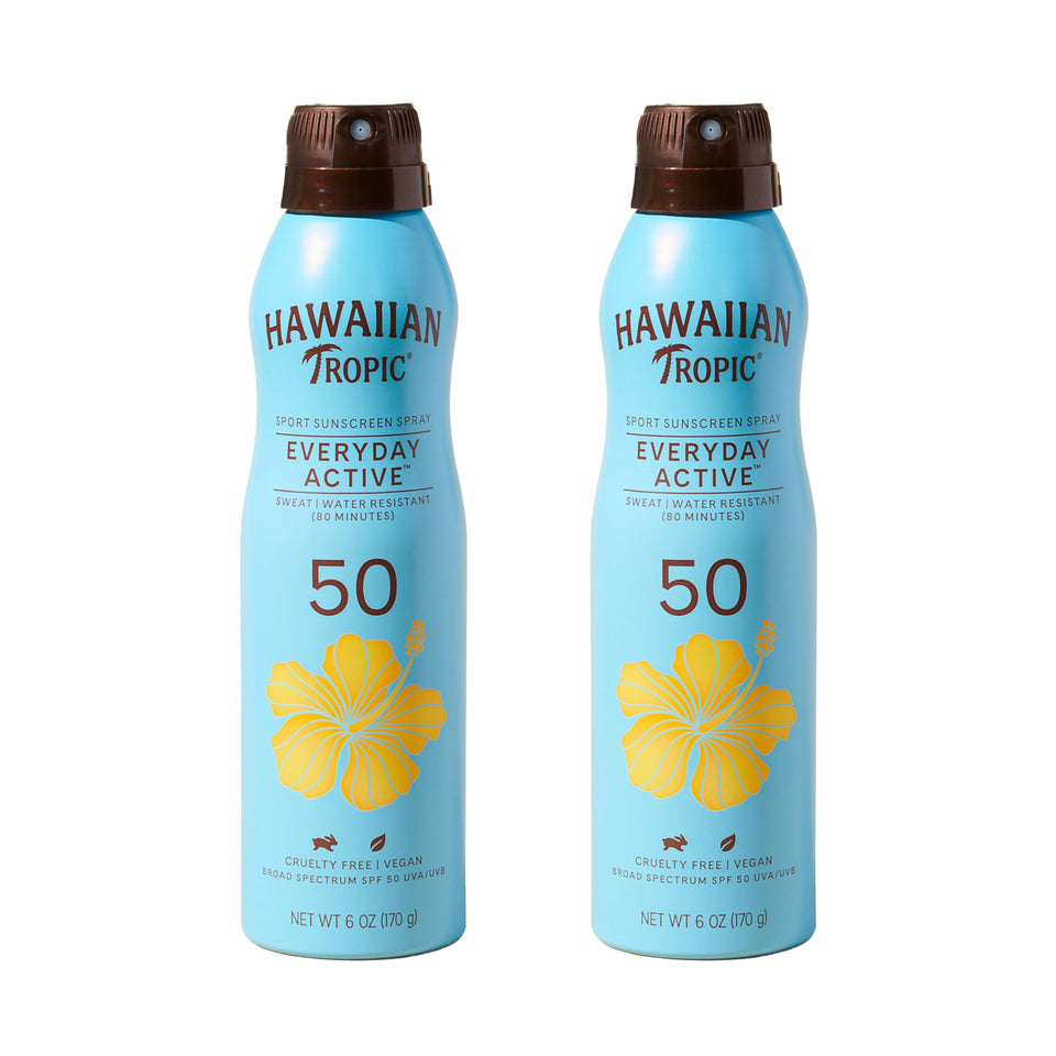 Hawaiian Tropic front packaging shows SPF 50 twin pack and benefits