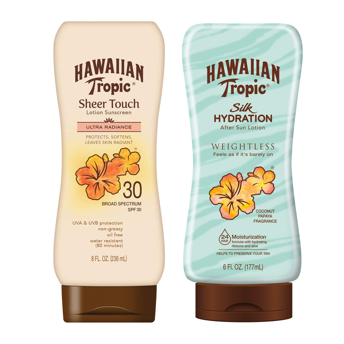 Hawaiian Tropic front packaging showing both sunscreen and after-sun pack benefits
