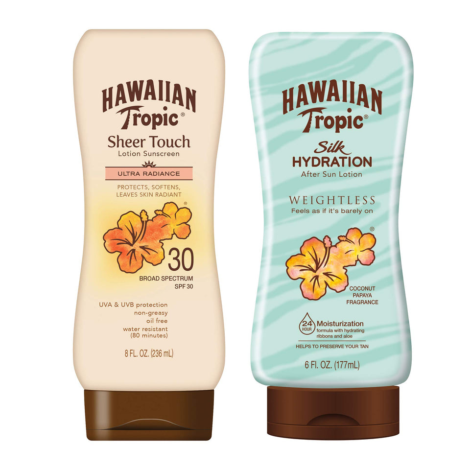 Hawaiian Tropic front packaging showing both sunscreen and after-sun pack benefits