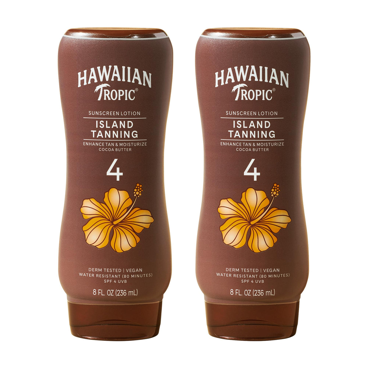 Hawaiian Tropic front packaging showing twin pack and SPF 4 benefit