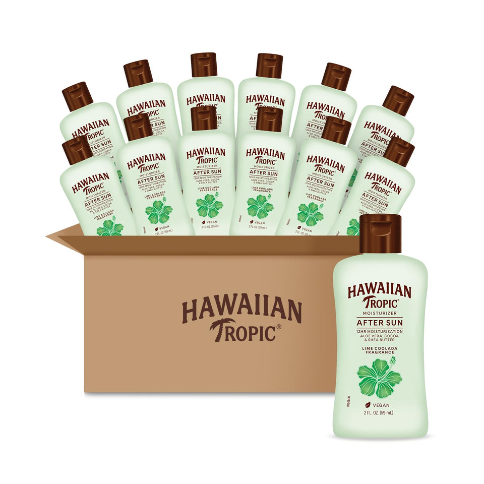 Hawaiian Tropic front packaging showing lime coolada mini bottles and travel convenience
