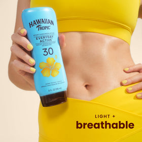 Hawaiian Tropic lotion texture close-up showing lightweight, non-greasy finish