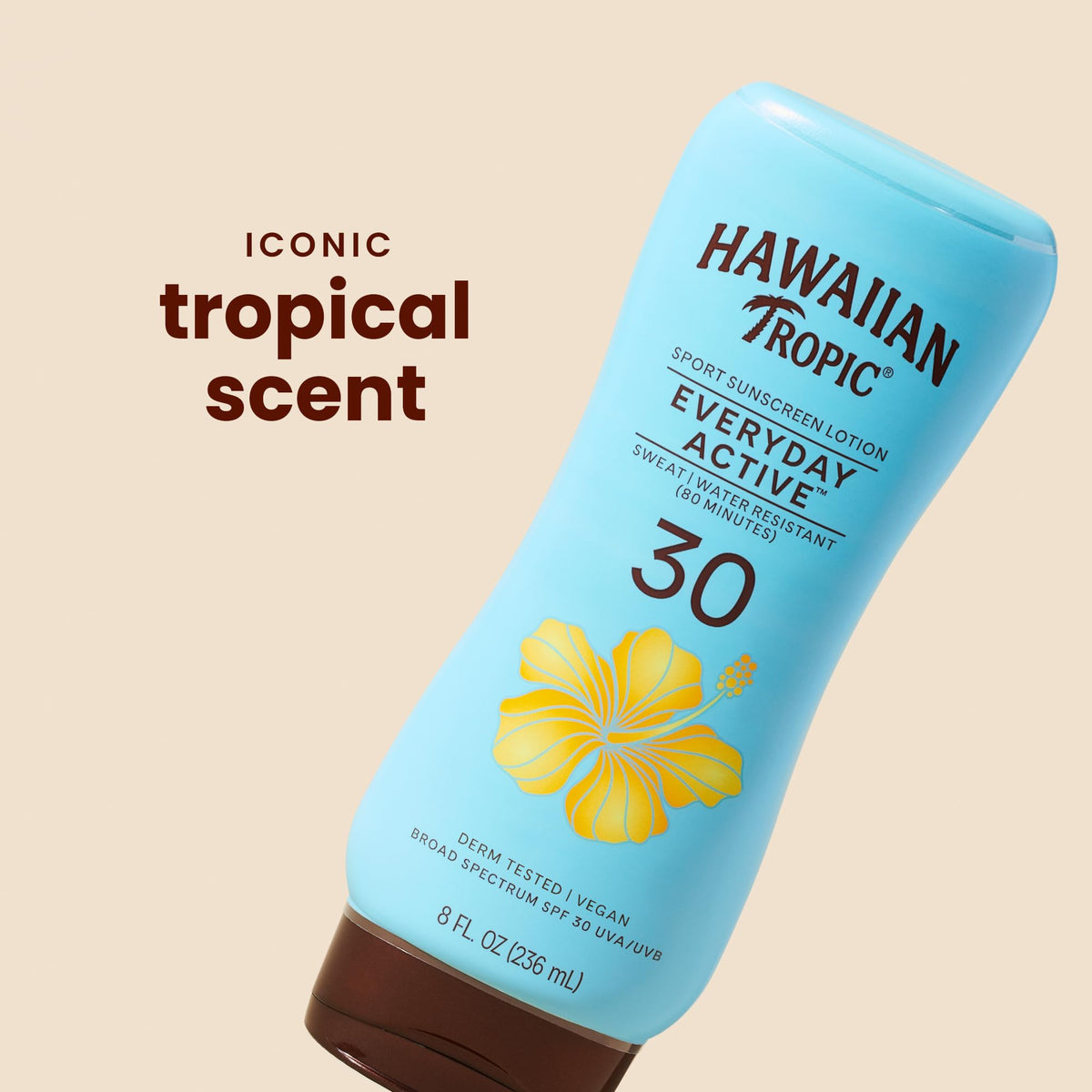 Hawaiian Tropic pump top detail for easy dispensing and quick application