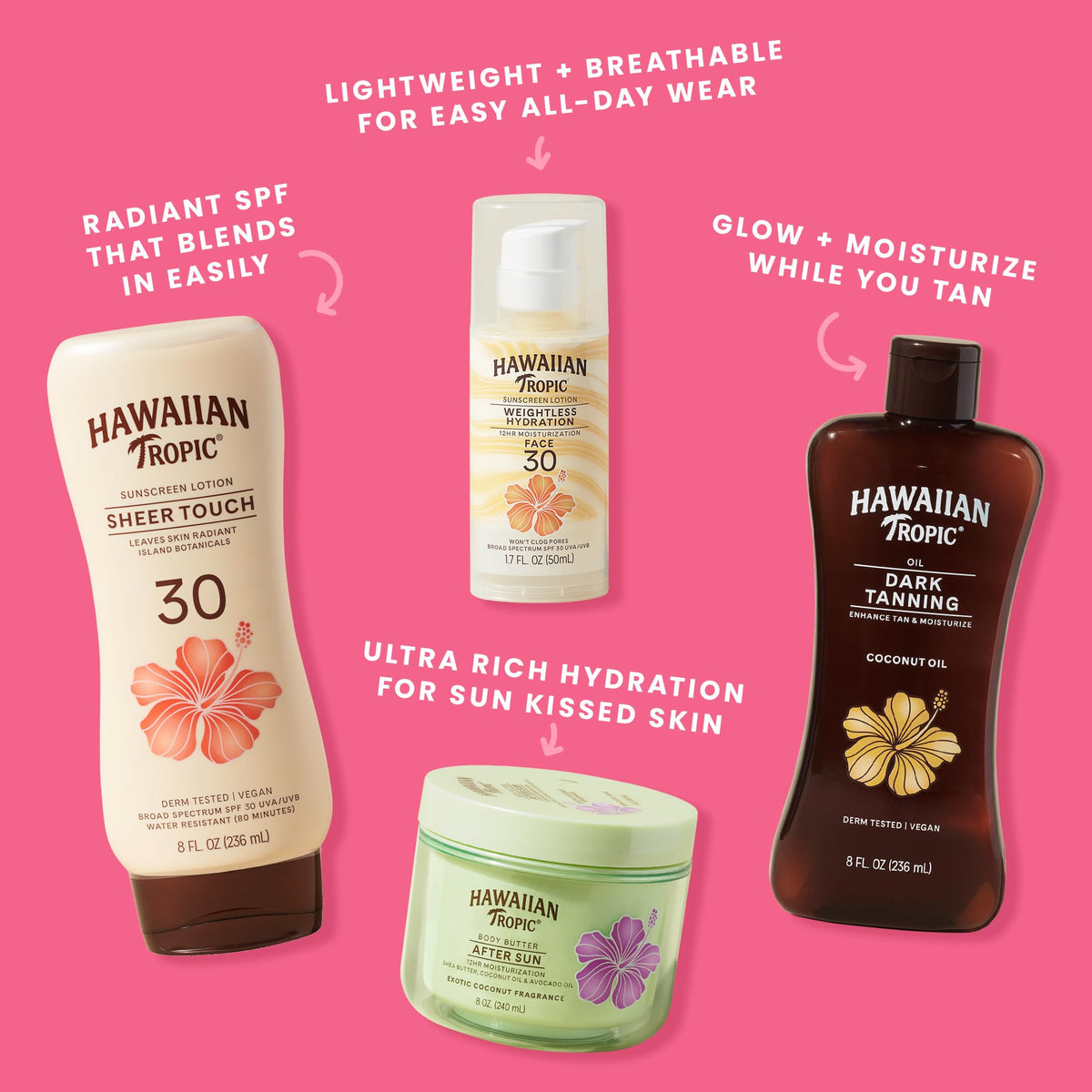 Hawaiian Tropic label and ingredients panel showing mineral SPF and clean formulation benefit