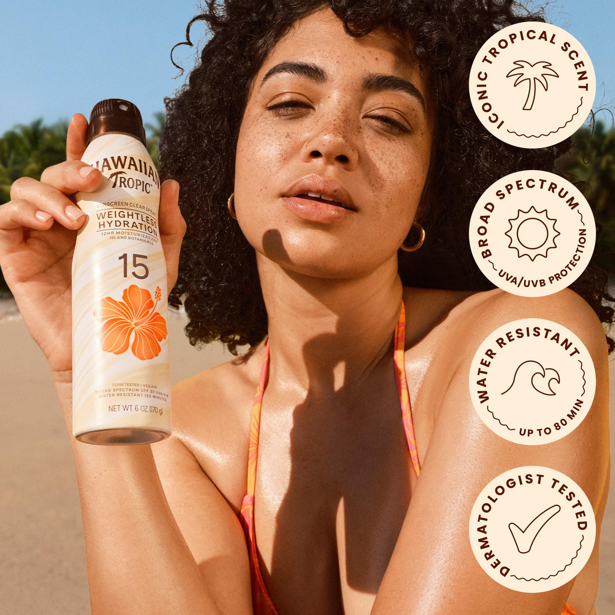 Hawaiian Tropic label and ingredients close-up showing oxybenzone-free formulation