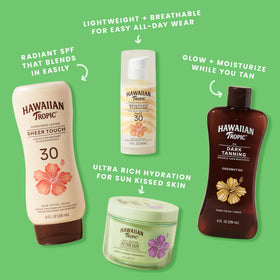 Hawaiian Tropic label close-up highlighting aloe, shea and cocoa butter ingredients