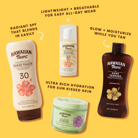 Hawaiian Tropic applied at beach demonstrating sweat-resistant protection during activities