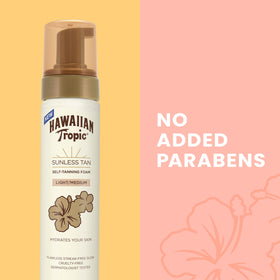 Hawaiian Tropic foam in a beach bag suggesting travel-ready convenience