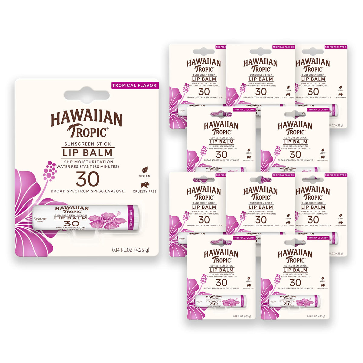 Hawaiian Tropic front packaging showing SPF 30 and travel size benefits