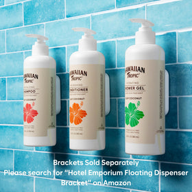 Hawaiian Tropic bottles mounted on shower tile for space-saving storage