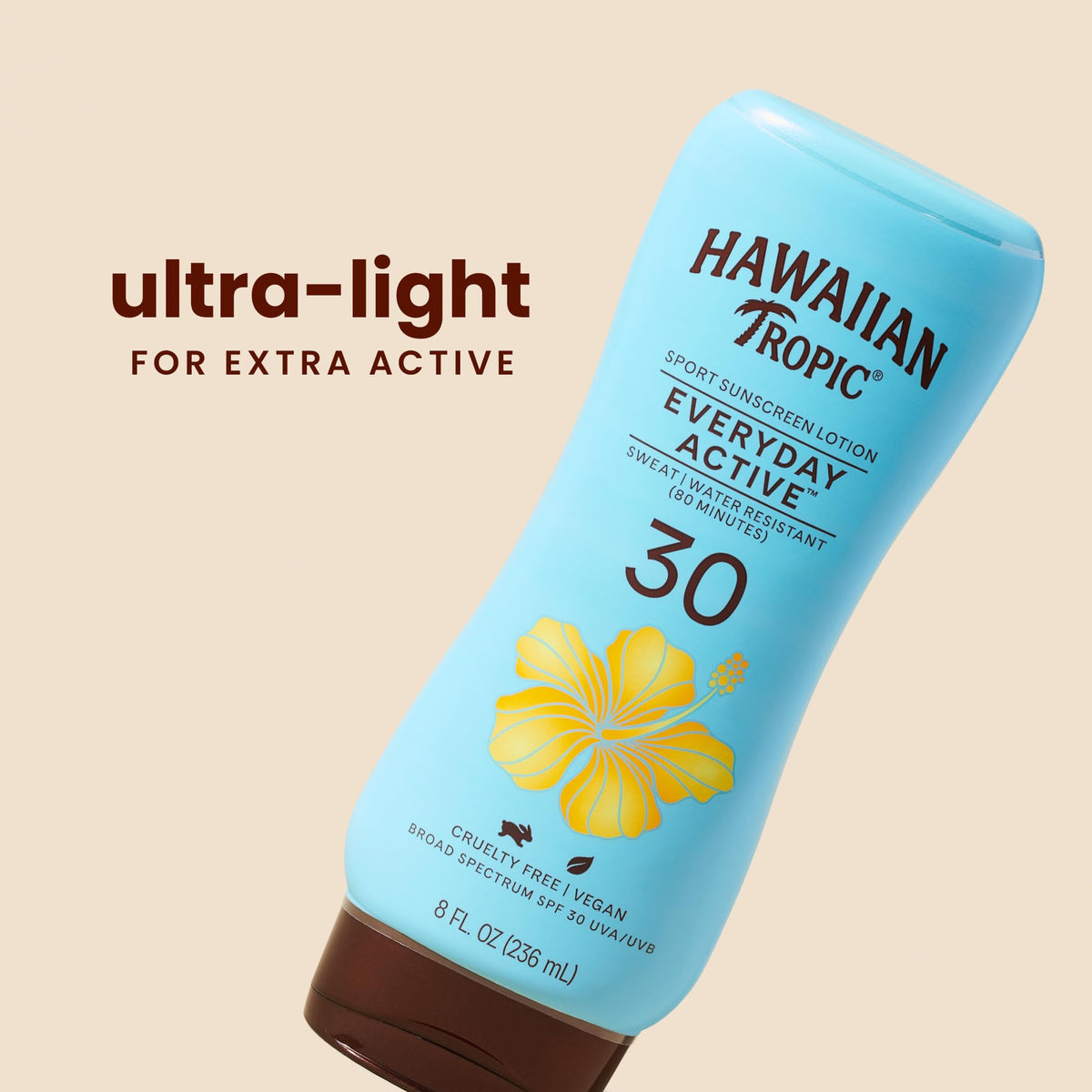 Hawaiian Tropic pump close-up showing lightweight lotion texture benefit