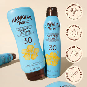 Hawaiian Tropic 6oz bottle in hand showing compact size for on-the-go protection