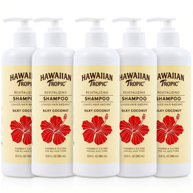 Hawaiian Tropic front packaging showing five bottles and brand benefit of consistent supply