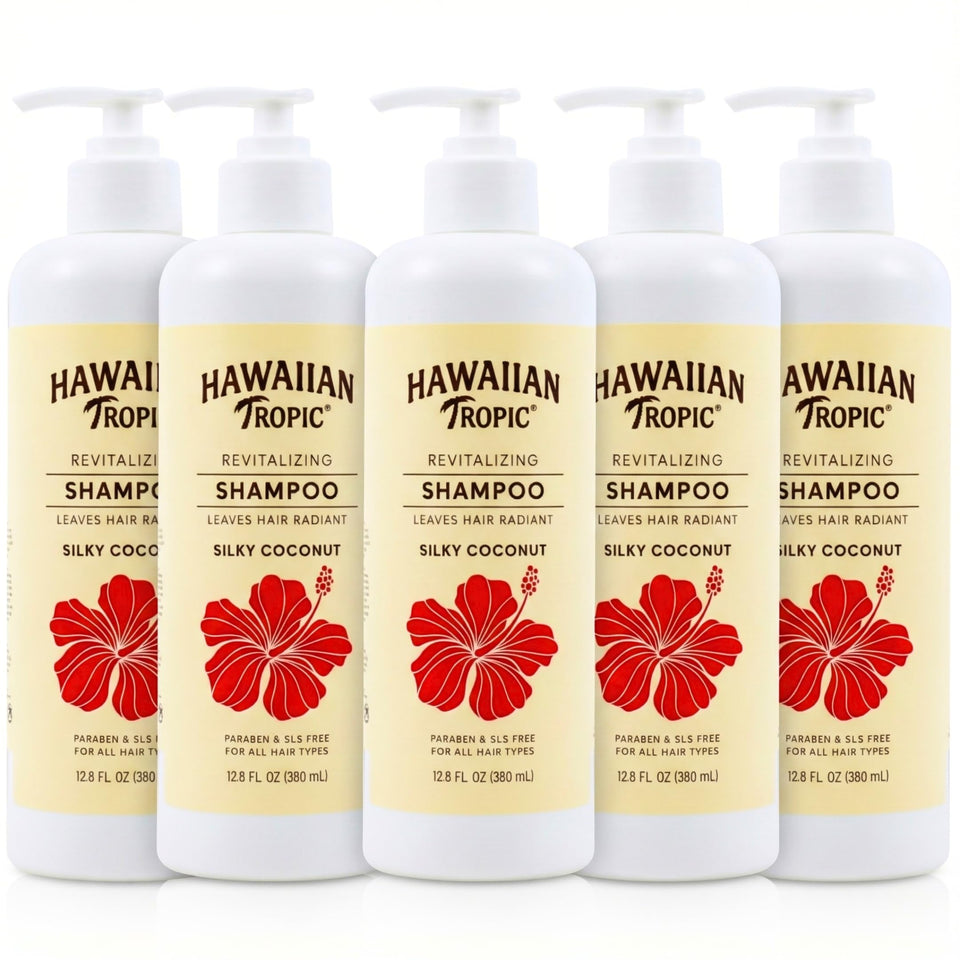 Hawaiian Tropic front packaging showing five bottles and brand benefit of consistent supply