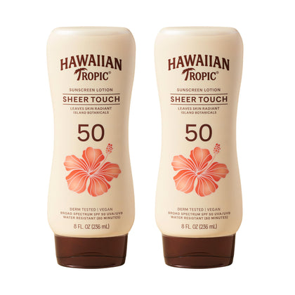 Hawaiian Tropic front packaging showing SPF 50 and twin pack benefit