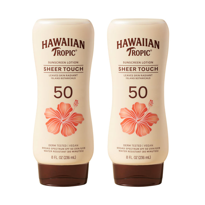 Hawaiian Tropic front packaging showing SPF 50 and twin pack benefit
