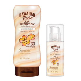 Hawaiian Tropic front packaging showing the SPF 30 duo and benefits