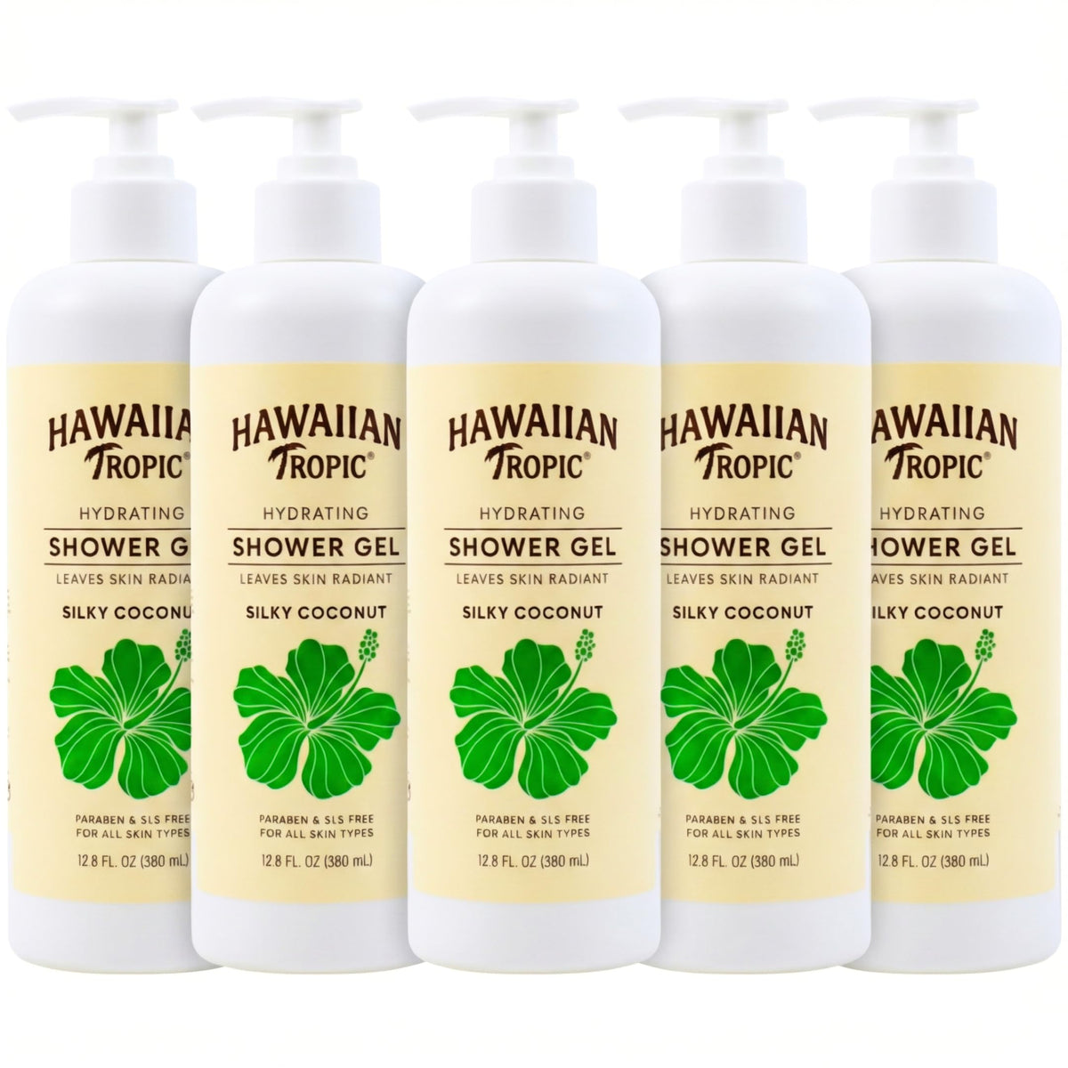 Hawaiian Tropic front packaging showing five magnetic shampoo bottles and total volume