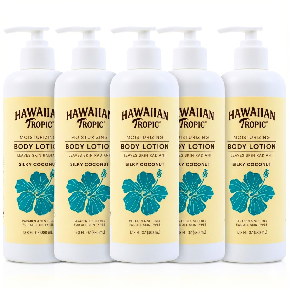 Hawaiian Tropic front packaging showing five 380ml bottles and benefits
